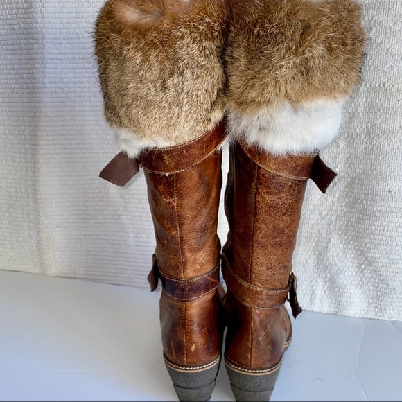 HVOFFERS🔜 8 Leather Rabbit Fur Wedge Heel Boots - Picture 3 of 8